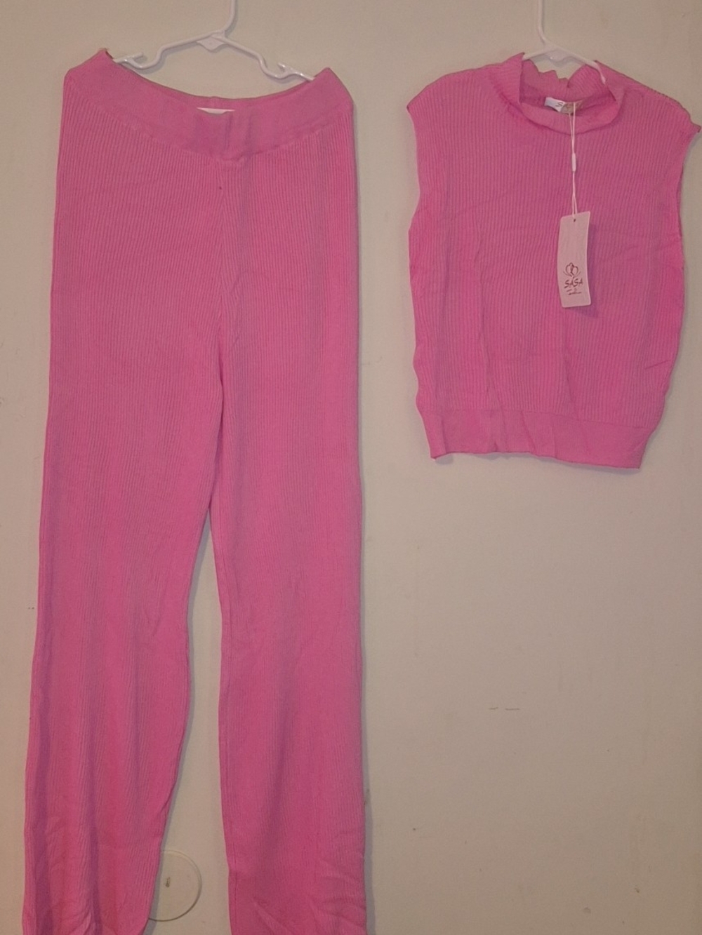 Pink Ribbed Knit Sleeveless Top & Pants Set,from the Sasa fashion brand